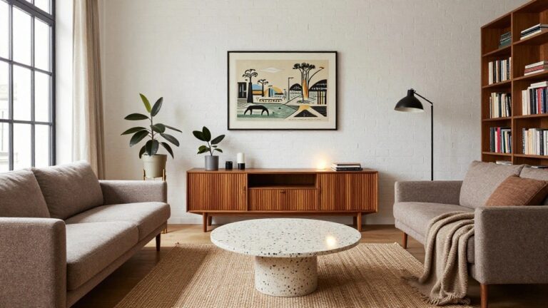 25 Stylish Copenhagen Apartment Interiors For City Living Light gray sofa with wooden frame and beige throw on a beige rug in a white brick-walled living room with large window, sheer curtains, two arc lamps, potted plant, terrazzo coffee table, and art print on wall.