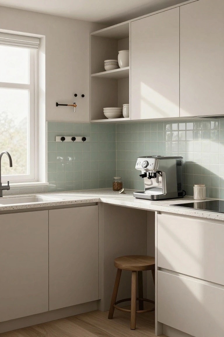 Corner kitchen with light beige flat-panel cabinets, mint green subway tile backsplash, white double sink, silver espresso machine on light quartz countertop, wooden stool, and oak wood flooring.