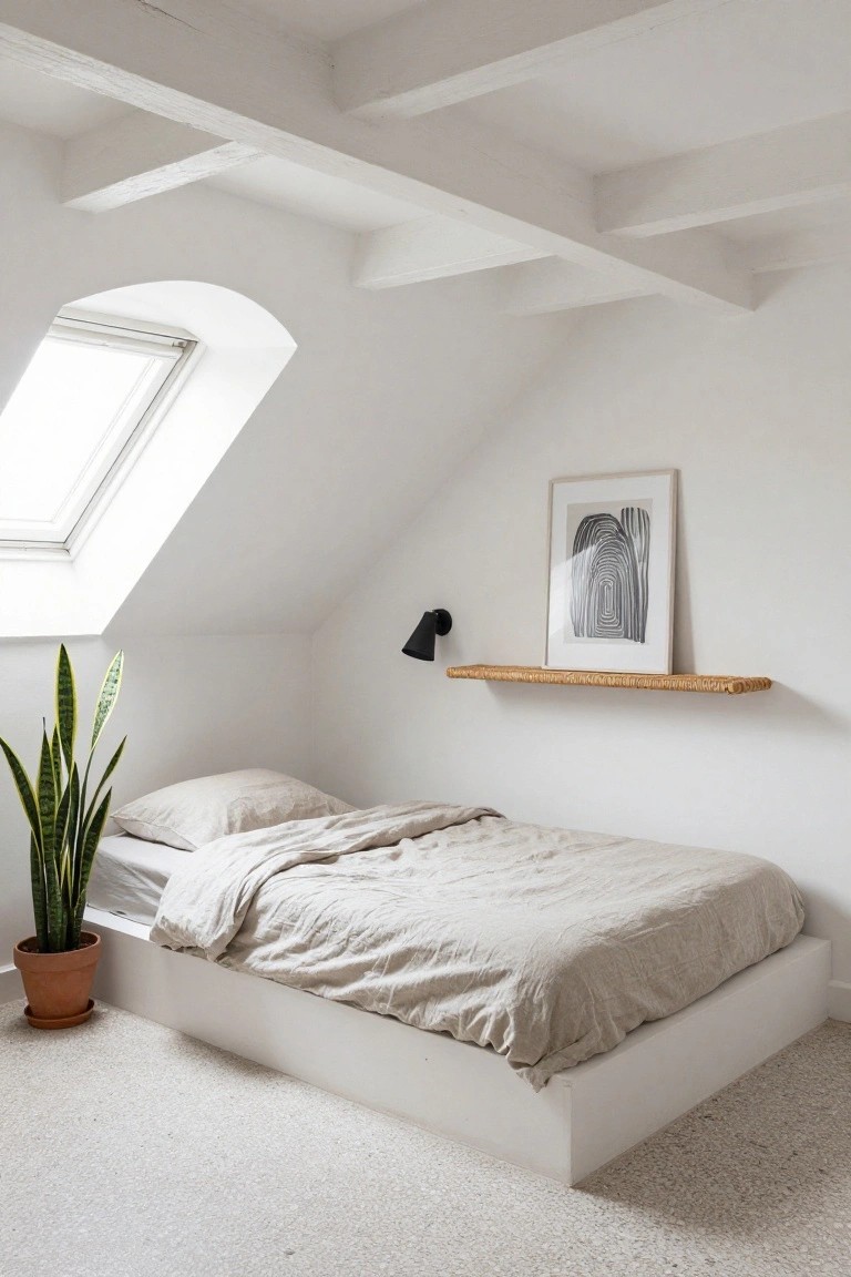 Attic bedroom with low white platform bed covered in beige linen duvet, tall snake plant in terracotta pot, black wall lamp, rattan shelf holding framed abstract print, and arched skylight in white sloped ceiling.