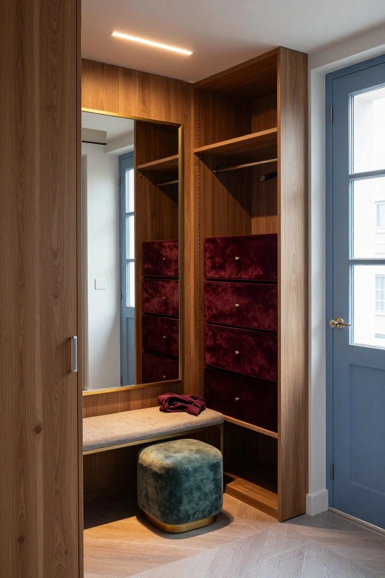 Wooden built-in walk-in closet with gold-framed mirror, burgundy velvet drawers, hanging rods, beige bench with scarf, green velvet pouf, and blue door in a modern interior.