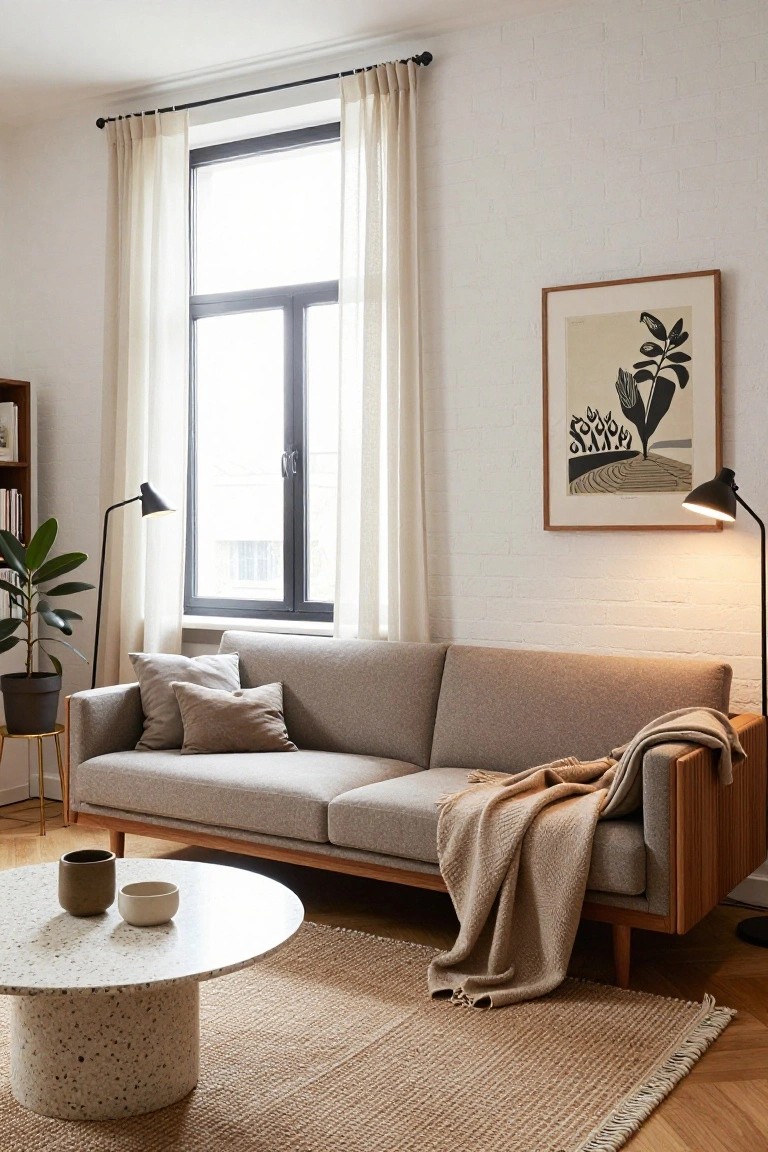 Light gray sofa with wooden frame and beige throw on a beige rug in a white brick-walled living room with large window, sheer curtains, two arc lamps, potted plant, terrazzo coffee table, and art print on wall.