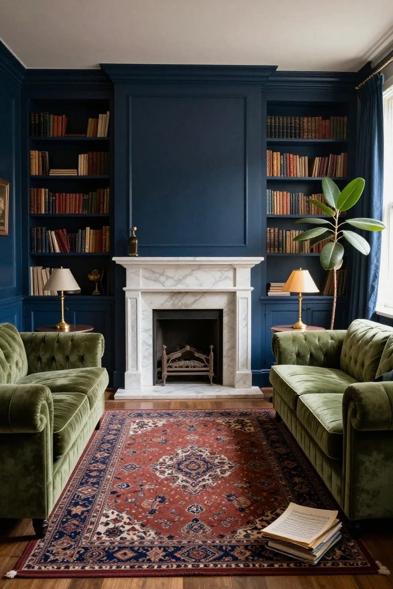 A traditional living room with navy blue paneled walls and built-in bookshelves flanking a white marble fireplace, matching green tufted velvet sofas on a red oriental rug, brass lamps on side tables, and a potted plant near a window.