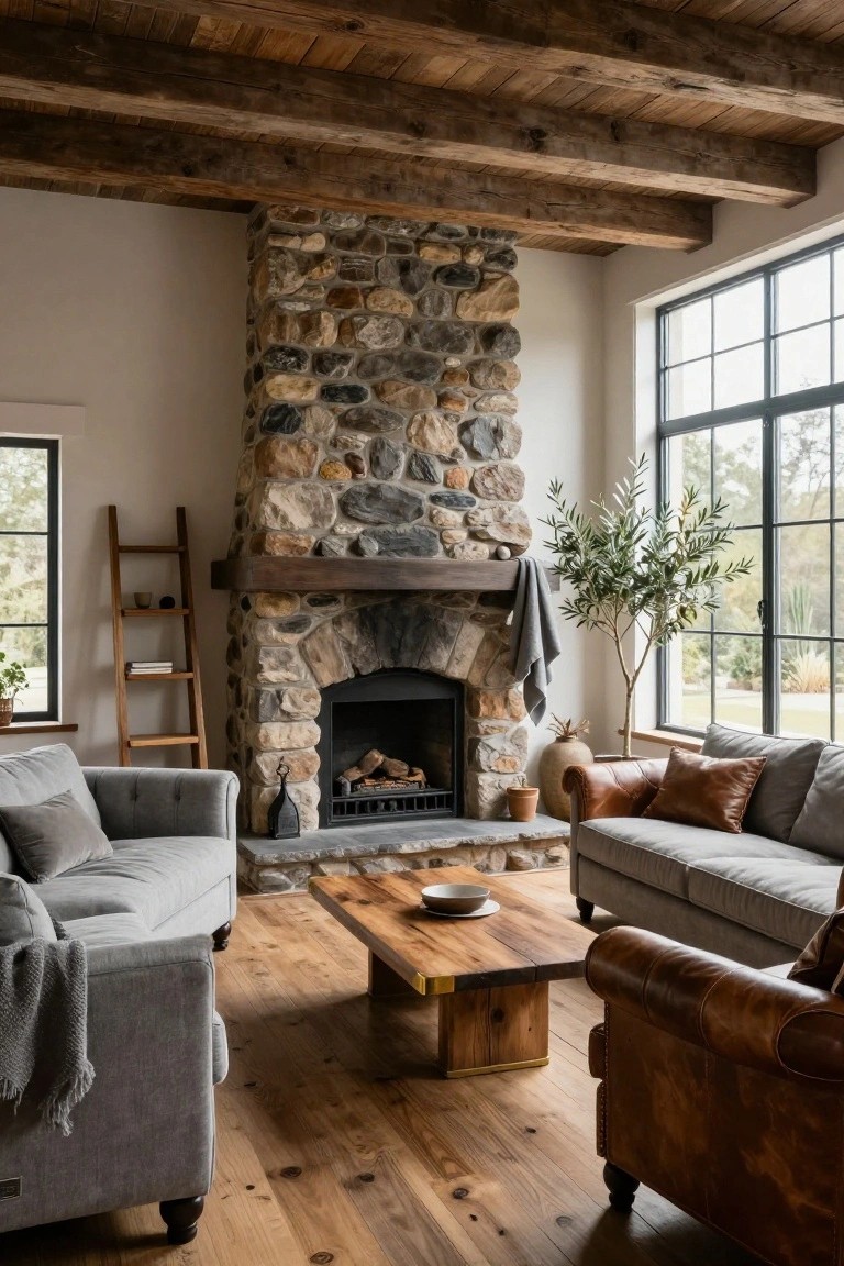 Living room interior with tall irregular stone fireplace under exposed wooden beam ceiling, gray fabric sofa and brown leather sofa arranged around low wooden coffee table, ladder shelf, olive tree, and large windows showing outdoor view.