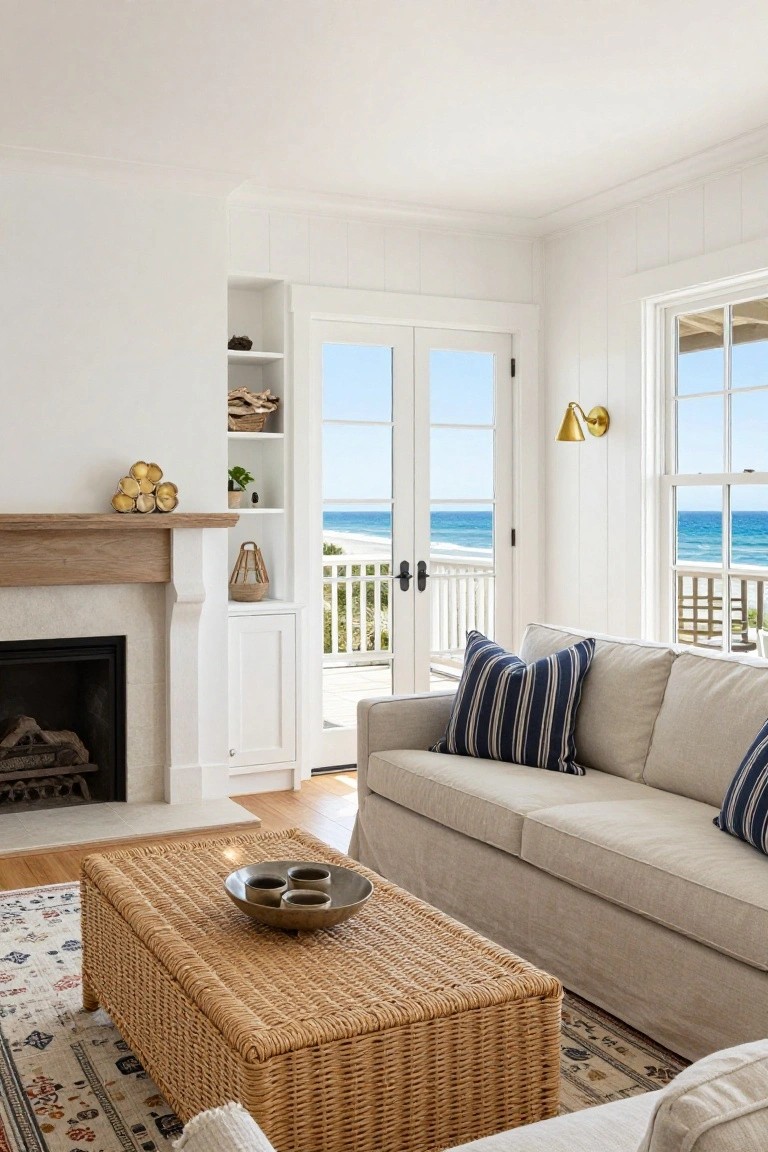Bright living room featuring white shiplap walls, a beige linen sofa with navy blue pillows, wicker coffee table, oak fireplace mantel flanked by white built-in cabinets and shelves, and large windows with French doors overlooking the ocean and beach.