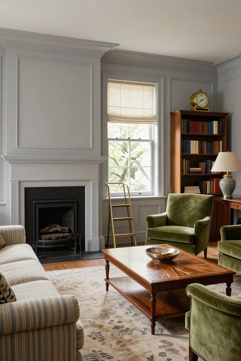 Traditional living room with pale gray paneled walls, white fireplace with fire, green velvet armchairs, striped sofa, wooden coffee table with metal bowl, bookshelves, desk, gold ladder, and sash window.