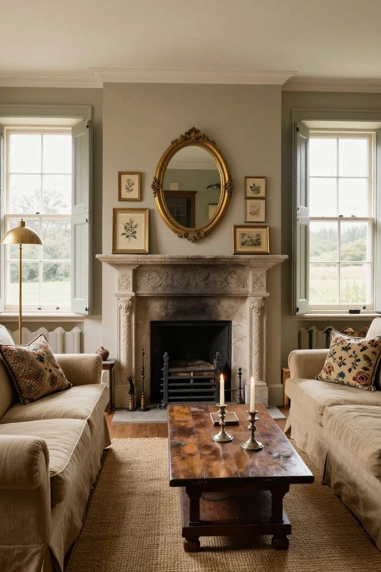 A traditional living room with two beige linen slipcovered sofas facing each other across a rustic wooden coffee table in front of a stone fireplace, ornate gold mirror above the mantel flanked by botanical art, brass floor lamp, and large windows with shutters.