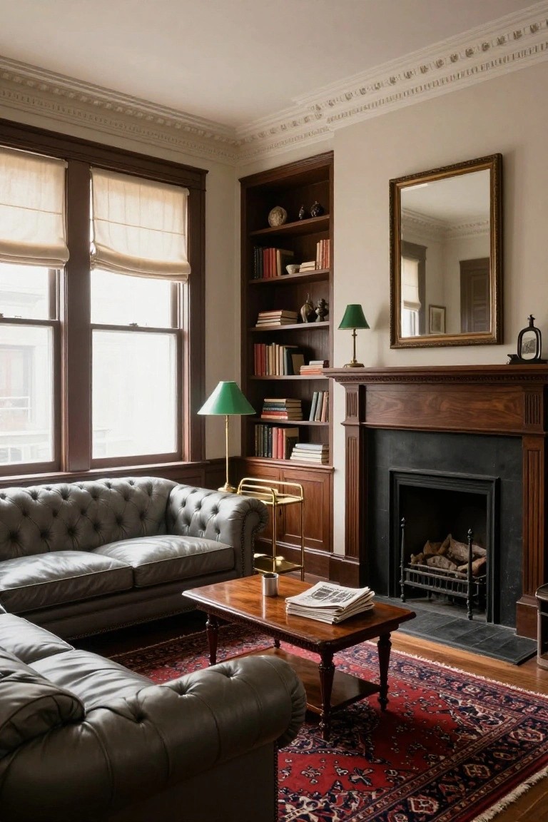 Traditional living room with gray tufted leather sofas facing a dark wood fireplace flanked by built-in bookshelves, green lamps, wooden coffee table, red Persian rug, and large windows with beige blinds.
