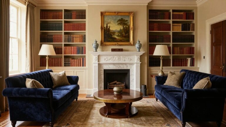 Traditional living room featuring a white marble fireplace centered under a large gold-framed landscape painting, flanked by matching built-in bookshelves filled with books and blue-and-white porcelain vases, with two upholstered sofas facing each other across a round wood coffee table on a patterned rug.