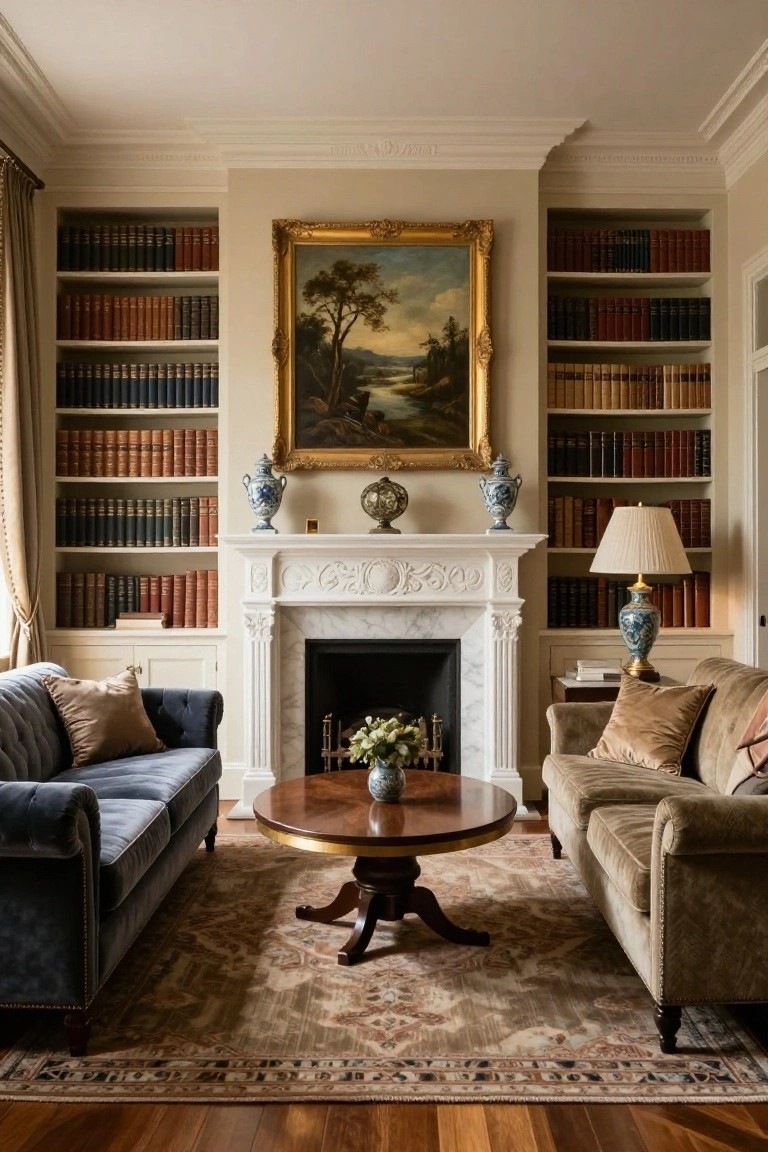 Traditional living room featuring a white marble fireplace centered under a large gold-framed landscape painting, flanked by matching built-in bookshelves filled with books and blue-and-white porcelain vases, with two upholstered sofas facing each other across a round wood coffee table on a patterned rug.