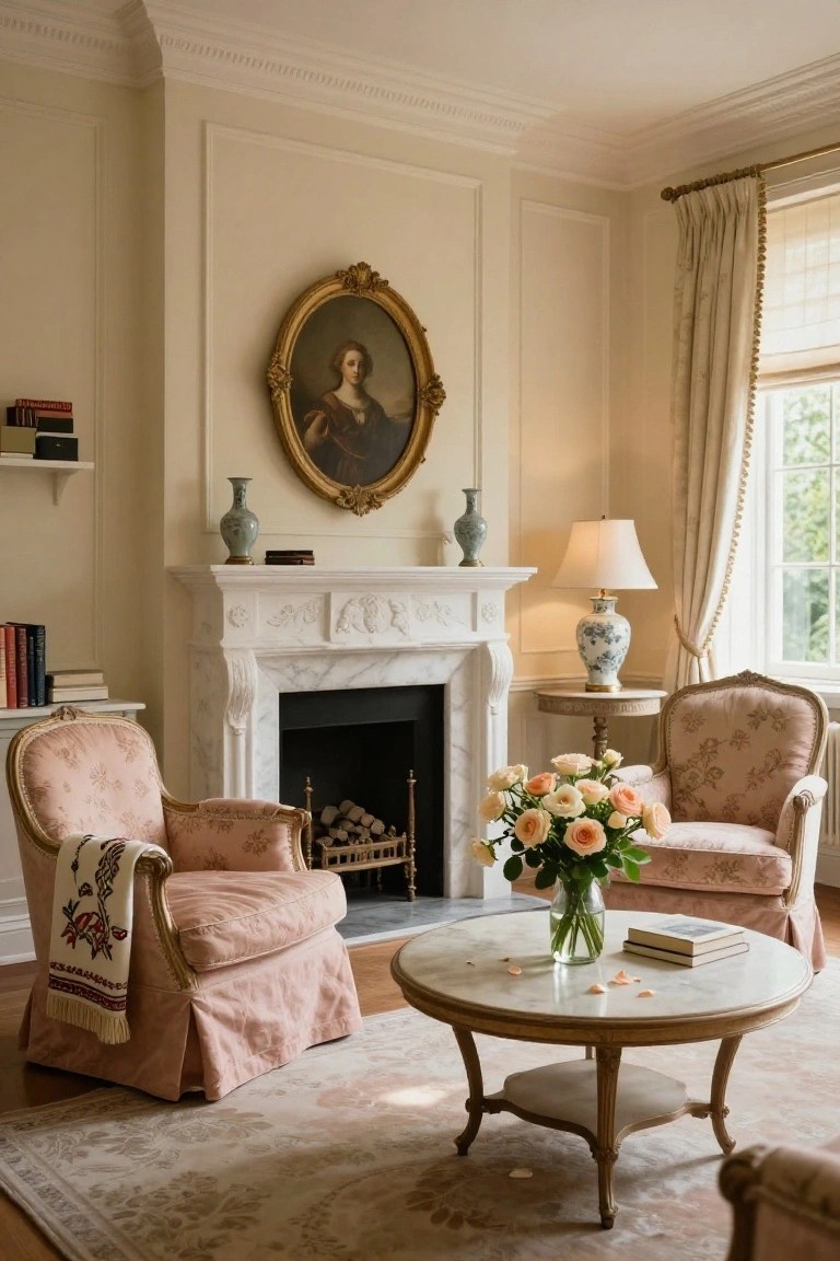 Traditional living room featuring a white marble fireplace with a portrait painting above, flanked by two matching pink upholstered armchairs, a round marble-topped coffee table holding a bouquet of roses and books, Chinese vases on shelves, and pale walls with large windows.