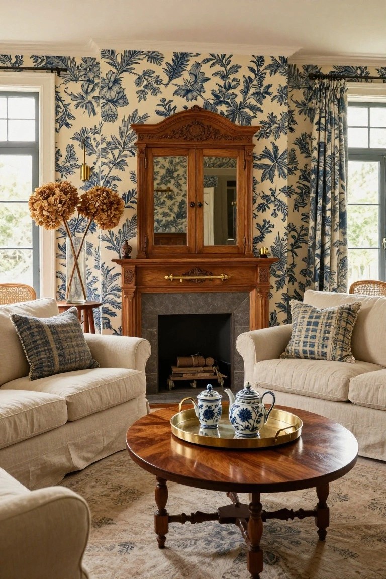 A traditional living room with cream linen slipcovered sofas facing a wood fireplace mantel, blue floral wallpaper on walls, an antique wood armoire nearby, and chinoiserie teapots on a round wood coffee table.