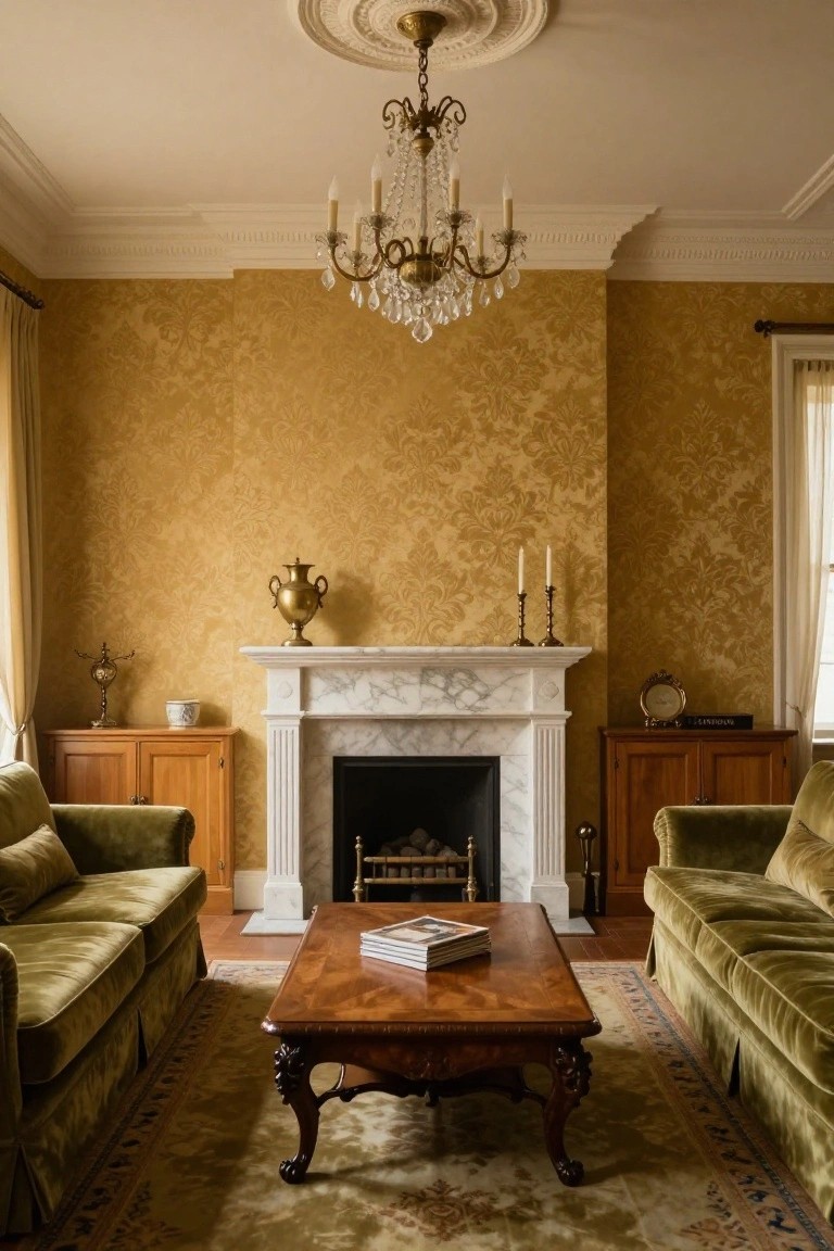 Traditional living room with gold damask patterned wallpaper on yellow walls, emerald green velvet sofas flanking a white marble fireplace, wooden coffee table with books, brass candelabras, and crystal chandelier.