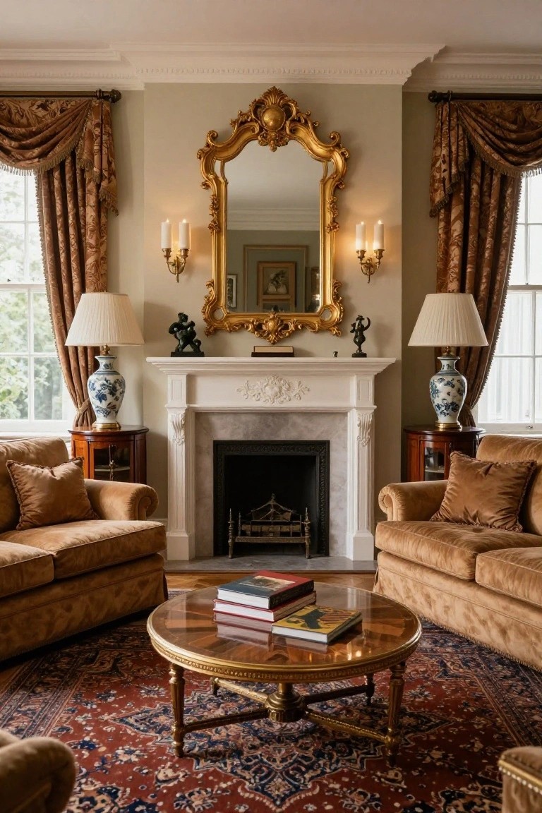 Traditional living room with large gold-framed mirror above white marble fireplace, flanked by matching lamps and blue porcelain vases on wood side tables, two tan velvet sofas facing a round glass coffee table on red oriental rug.