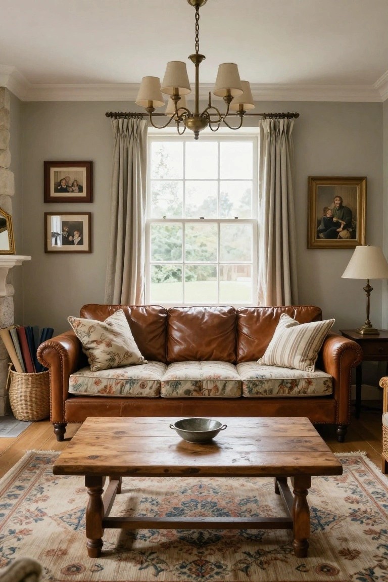 Leather Sofas with Floral Cushions