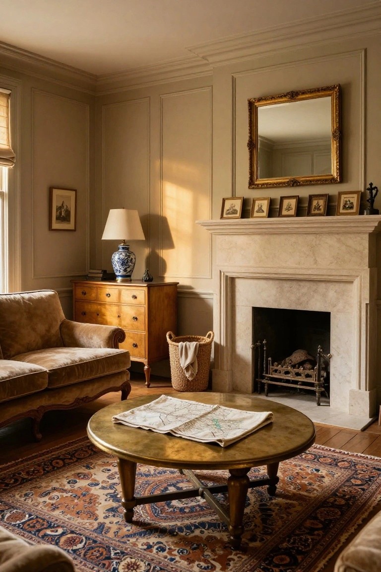 Traditional living room corner with beige paneled walls, limestone fireplace mantel holding small gold-framed prints and a brass figurine, tufted tan sofa, wooden chest of drawers, blue porcelain lamp, brass coffee table on oriental rug.