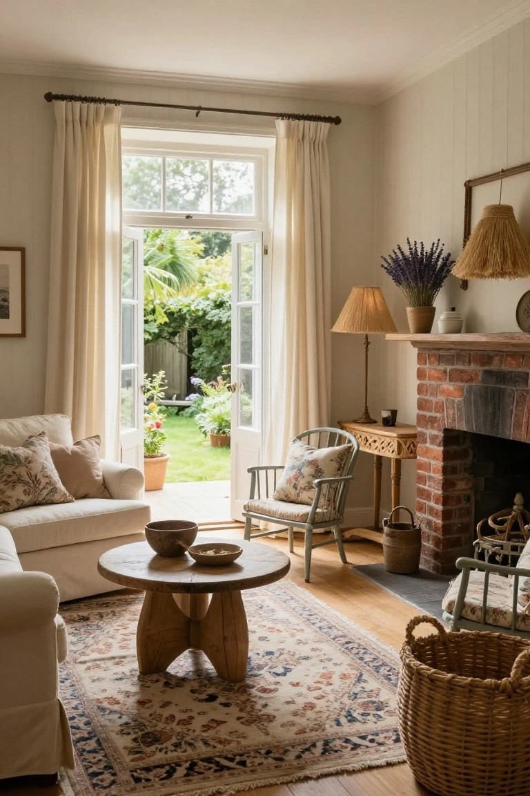 A traditional living room with cream sofa, tripod wooden coffee table, green armchair by brick fireplace, rattan lampshades, lavender bouquet on mantel, and open French doors to lush garden.