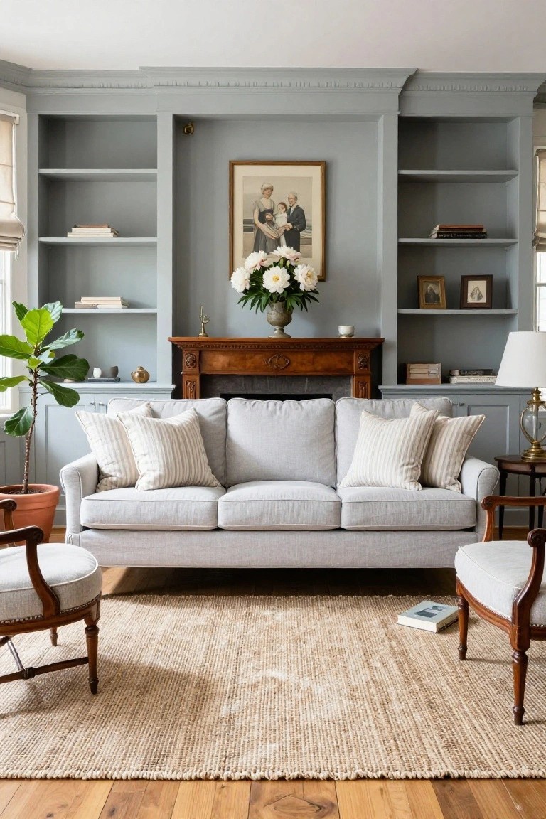 Traditional living room with pale gray built-in open shelving and cabinets flanking a carved wood mantel fireplace on a dark hearth, light gray sofa with striped pillows, two upholstered armchairs, beige seagrass rug, potted plants, and hardwood floors.