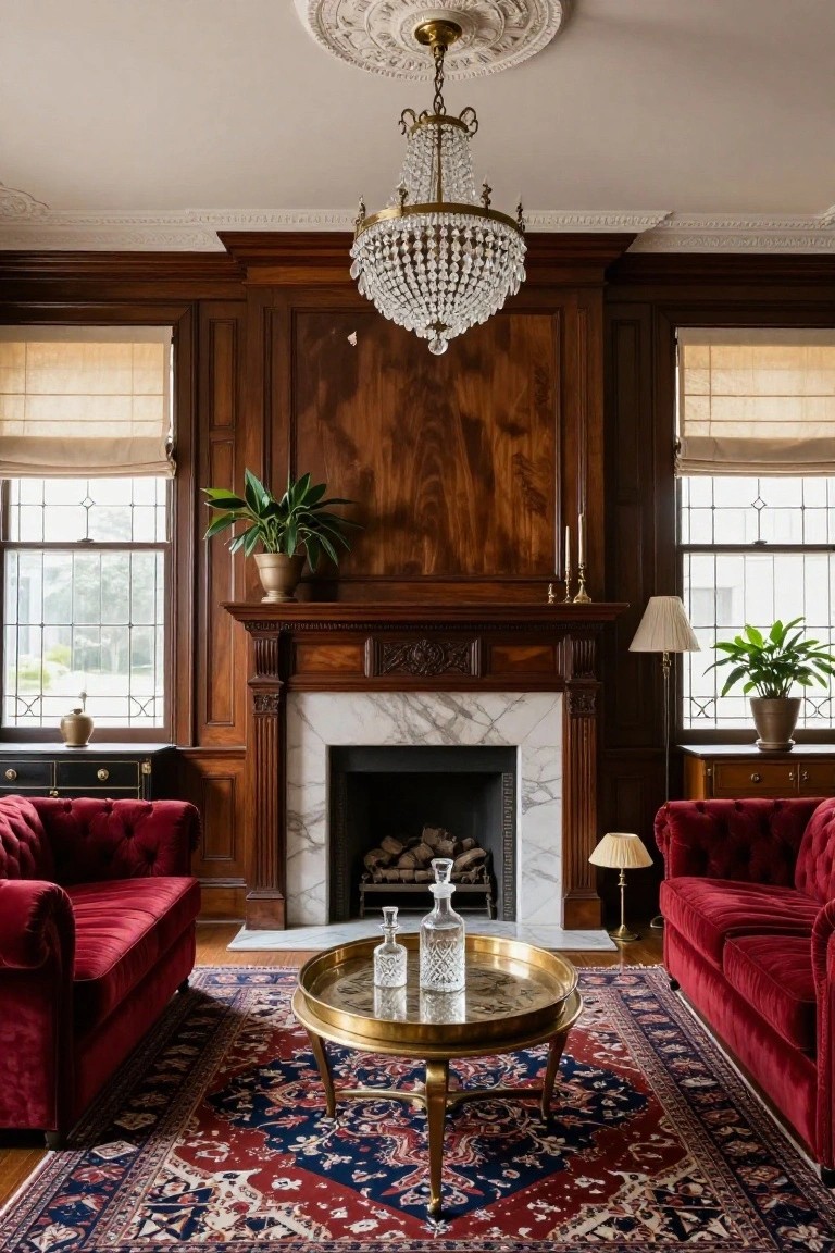 A traditional living room with dark wood paneled walls, ornate wood fireplace mantel over white marble hearth, two red velvet tufted sofas facing each other, brass tray table, crystal chandelier, and potted plants near leaded glass windows.