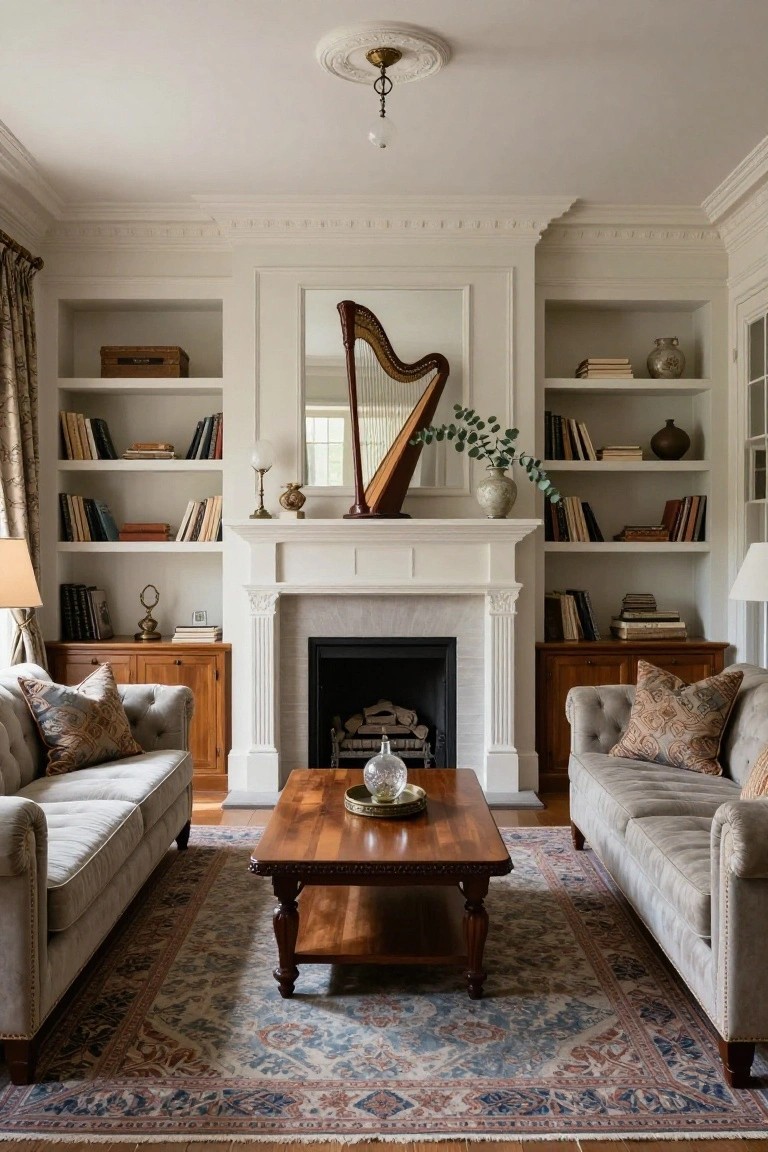 Symmetrical built-in bookshelves with books and decor flank a white fireplace mantel in a traditional living room featuring facing tufted gray sofas, a wooden coffee table on a patterned rug, and a harp reflected in an overmantel mirror.