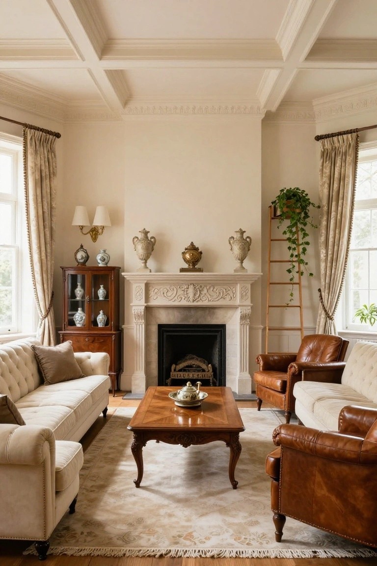 A traditional living room featuring two facing cream tufted sofas, tan leather armchairs, a wooden coffee table, ornate stone fireplace, wooden cabinets with vases, potted plants on a ladder stand, and large curtained windows.