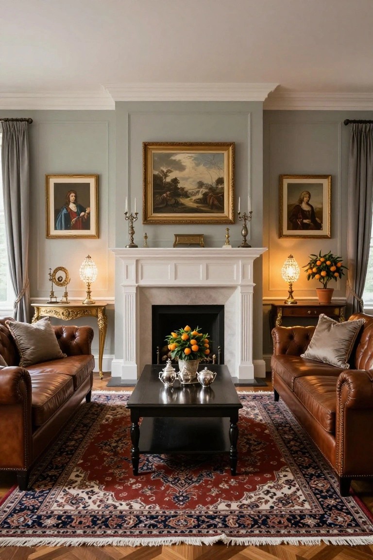 Symmetrical Sofas Face the Fireplace