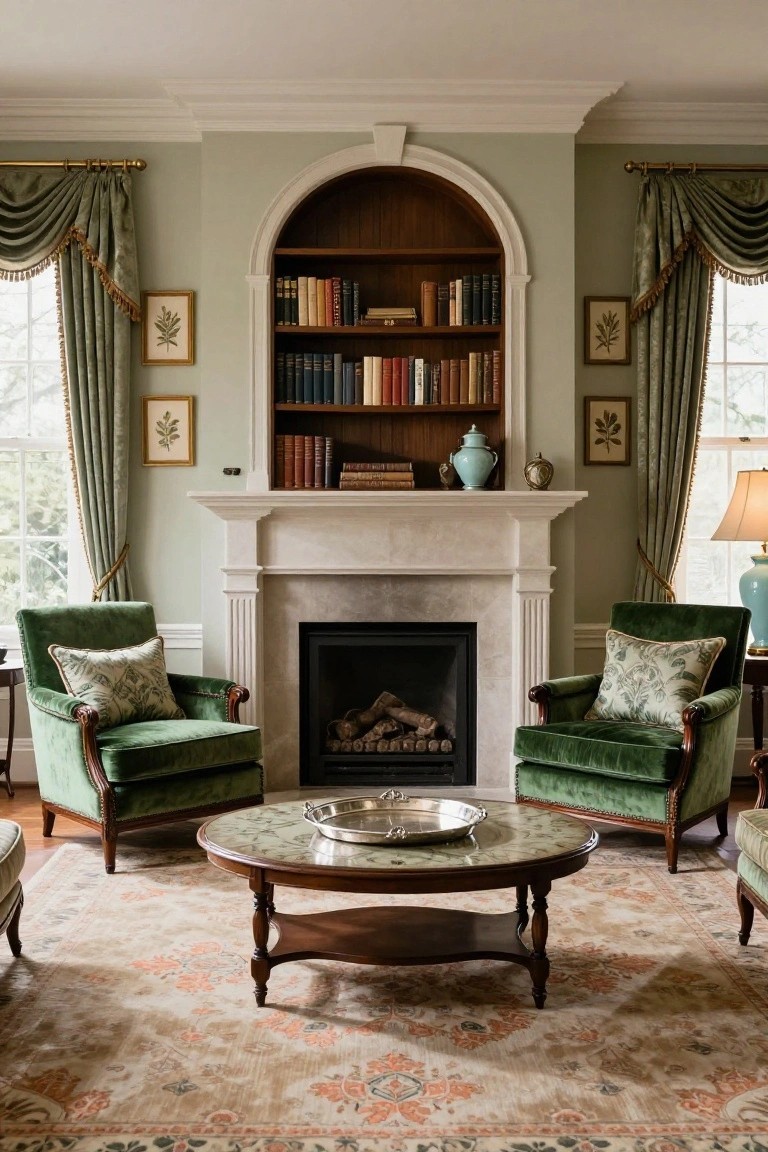 Traditional living room with sage green walls, two green velvet armchairs facing a marble fireplace, arched wooden bookshelves above the mantel, round wooden coffee table, and large curtained windows.