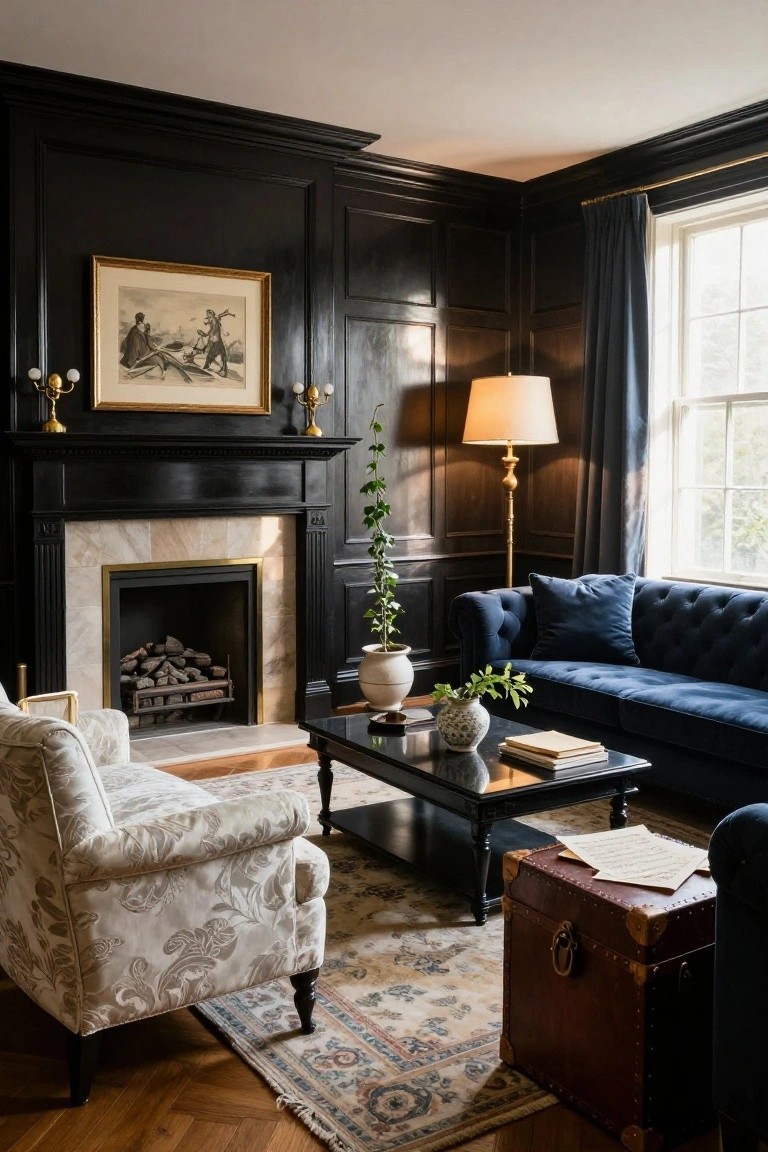 A traditional living room corner with dark wood paneling on walls and trim, marble fireplace with logs, navy tufted sofa, cream patterned armchair, black coffee table, oriental rug, and hardwood floors.