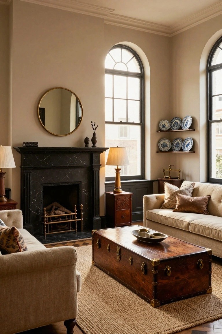 A traditional living room corner with light beige walls, black marble fireplace, cream tufted sofas, wooden trunk coffee table with brass fittings on a seagrass rug, tall arched black-framed windows, gold mirror, and shelves displaying blue china plates.
