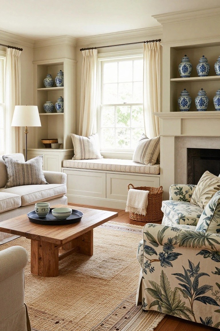 Traditional living room with built-in beige window seat under large windows, neutral sofa and floral armchair, wooden coffee table, blue and white vases on shelves, and fireplace.