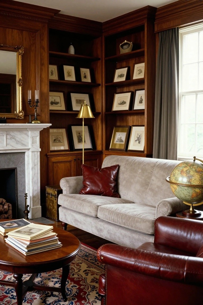 Traditional living room corner with dark wood paneled walls and built-in bookshelves holding books and framed artwork, marble fireplace, gray sofa with red leather pillows, leather armchair, wooden coffee table with stacked books, brass globe on stand, and brass lamp.