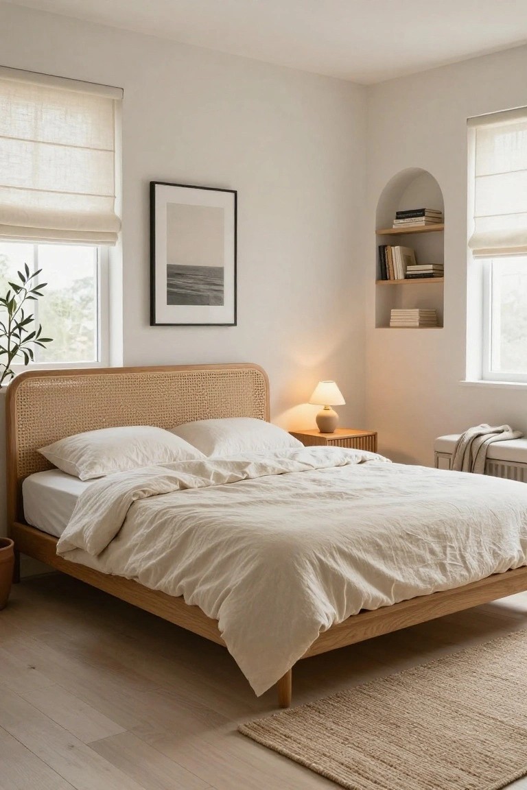 Bedroom with low wooden platform bed featuring curved cane headboard, white linen bedding, bedside table and lamp, potted plant, linen roman shades on two windows, arched niche with bookshelves, and neutral walls on light wood floors.