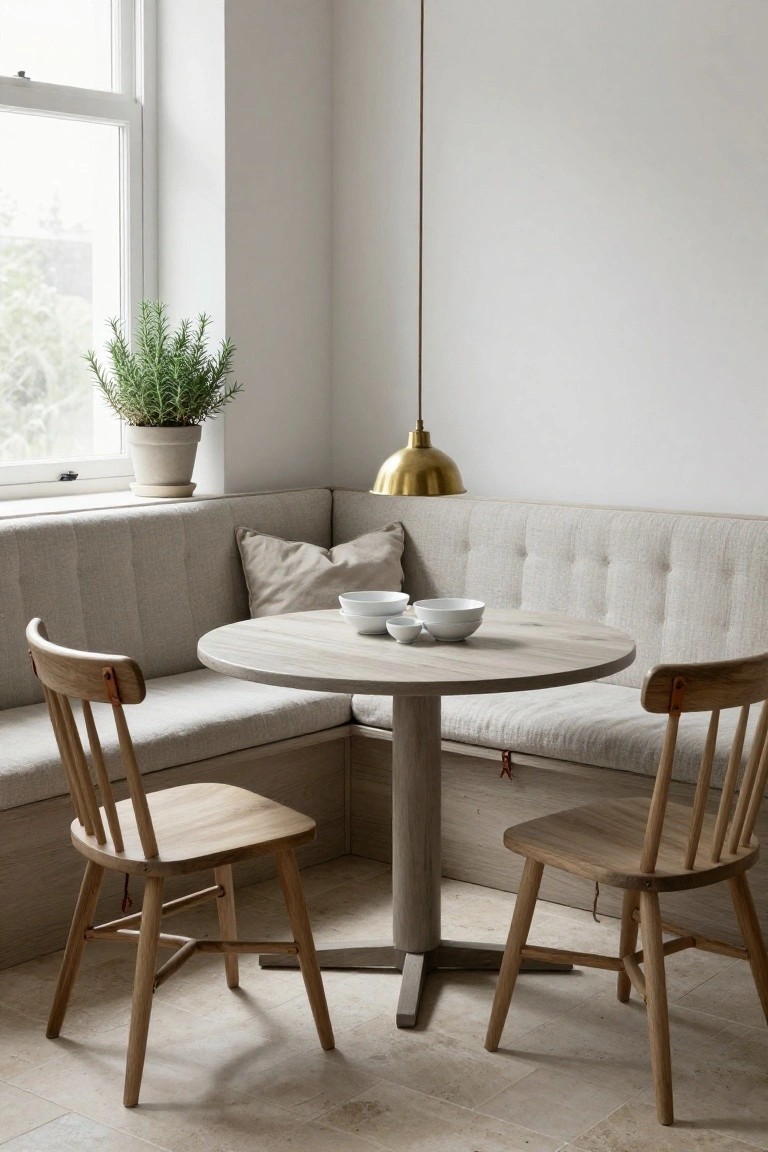 Beige upholstered corner booth with round light wood table, wooden chairs, white bowls on table, gold pendant light overhead, rosemary plant by window in light room.