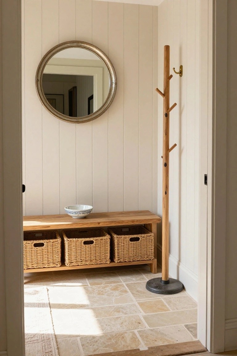 Neutral entryway interior with white paneled walls, wooden bench holding three woven baskets, tall wooden coat rack, round silver mirror, and light stone floor.