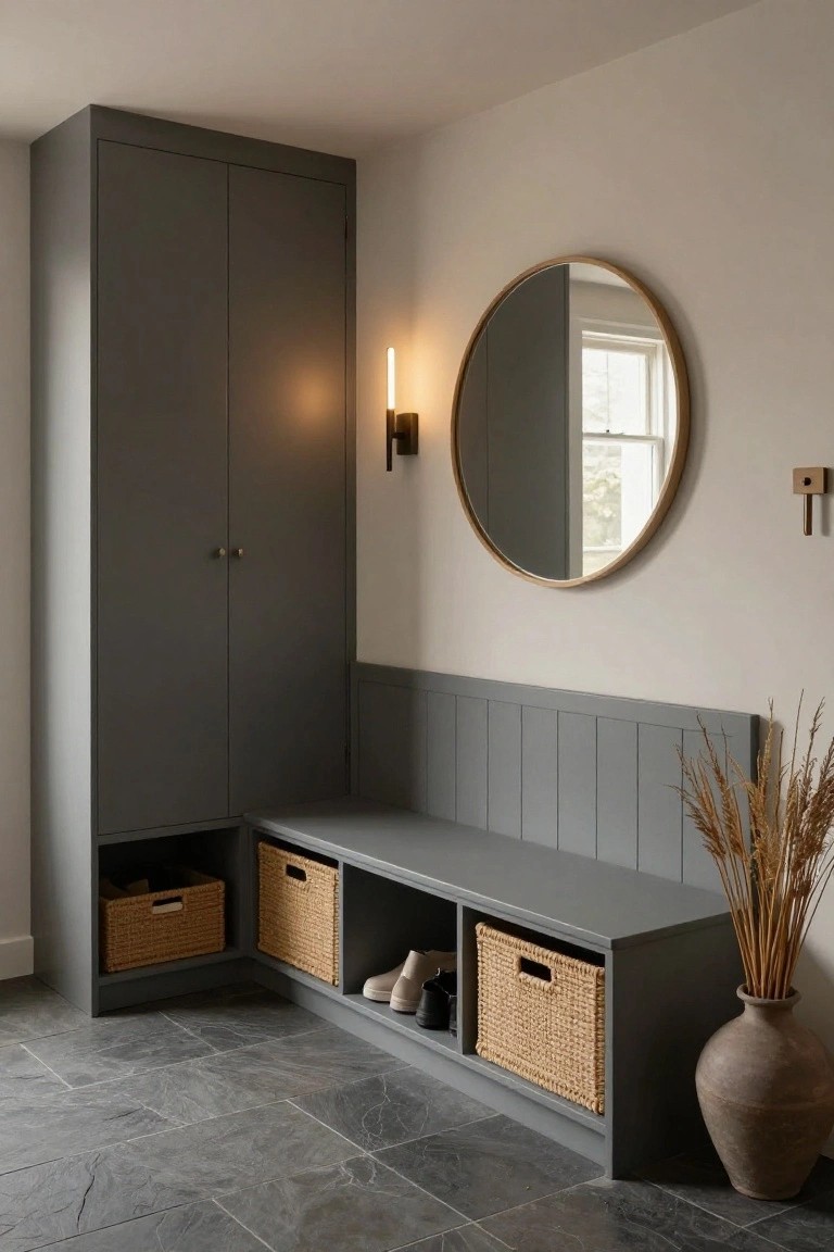 Tall gray cabinet with doors next to a built-in gray paneled bench with under-seat cubbies holding woven baskets, shoes, and bags, round gold-framed mirror on wall with wall light, potted dried pampas grass and vase on dark slate tile floor.