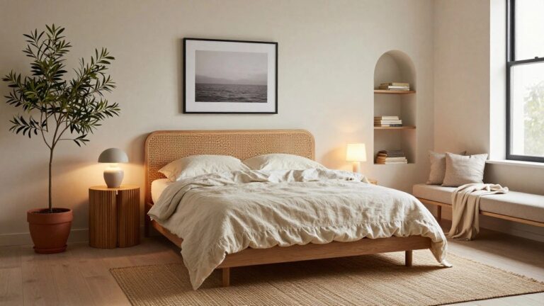 25 Timeless Neutral Interior Designs That Bring Pure Calm Bedroom with low wooden platform bed featuring curved cane headboard, white linen bedding, bedside table and lamp, potted plant, linen roman shades on two windows, arched niche with bookshelves, and neutral walls on light wood floors.