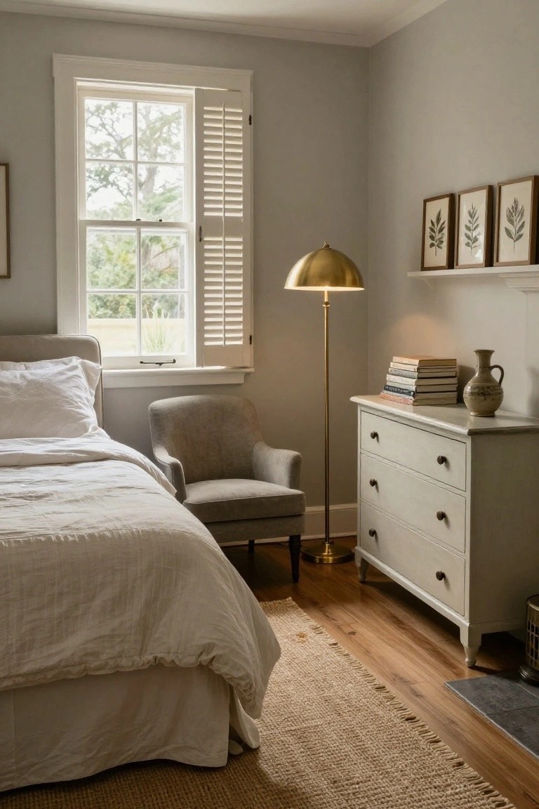 Bedroom corner with light gray walls, white linen bed, gray armchair, gold floor lamp, white wood dresser, seagrass rug on hardwood floors, and a window with shutters overlooking trees.