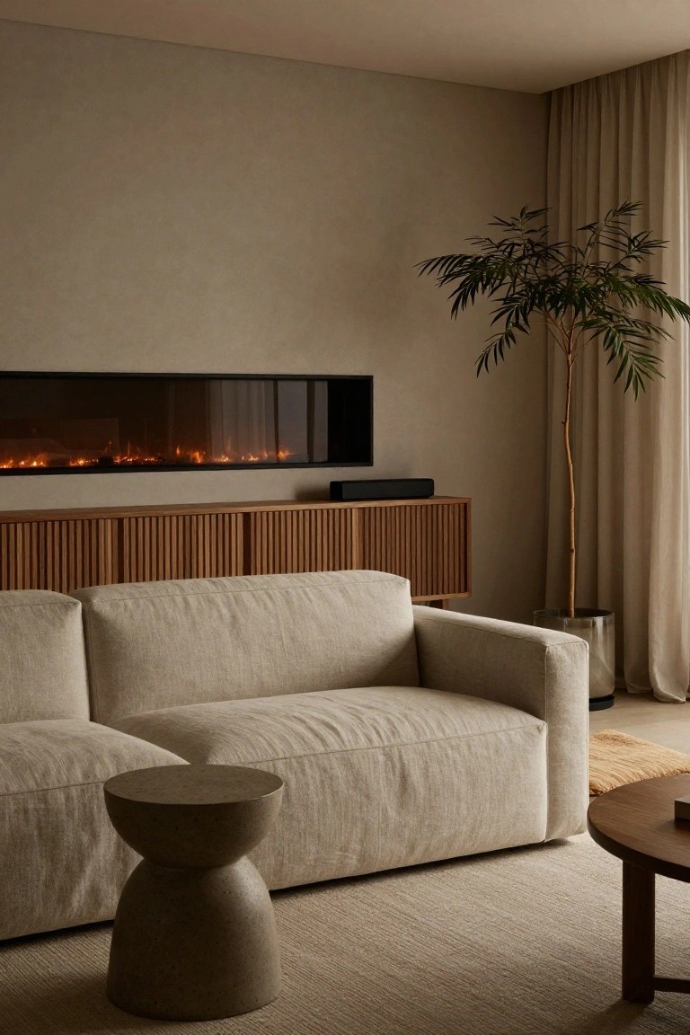 Modern living room corner with a long horizontal electric fireplace above slatted wooden cabinets, a light beige linen sofa, potted palm tree in glass pot, small terrazzo stool, wood coffee table, beige rug, and linen curtains against textured beige walls.
