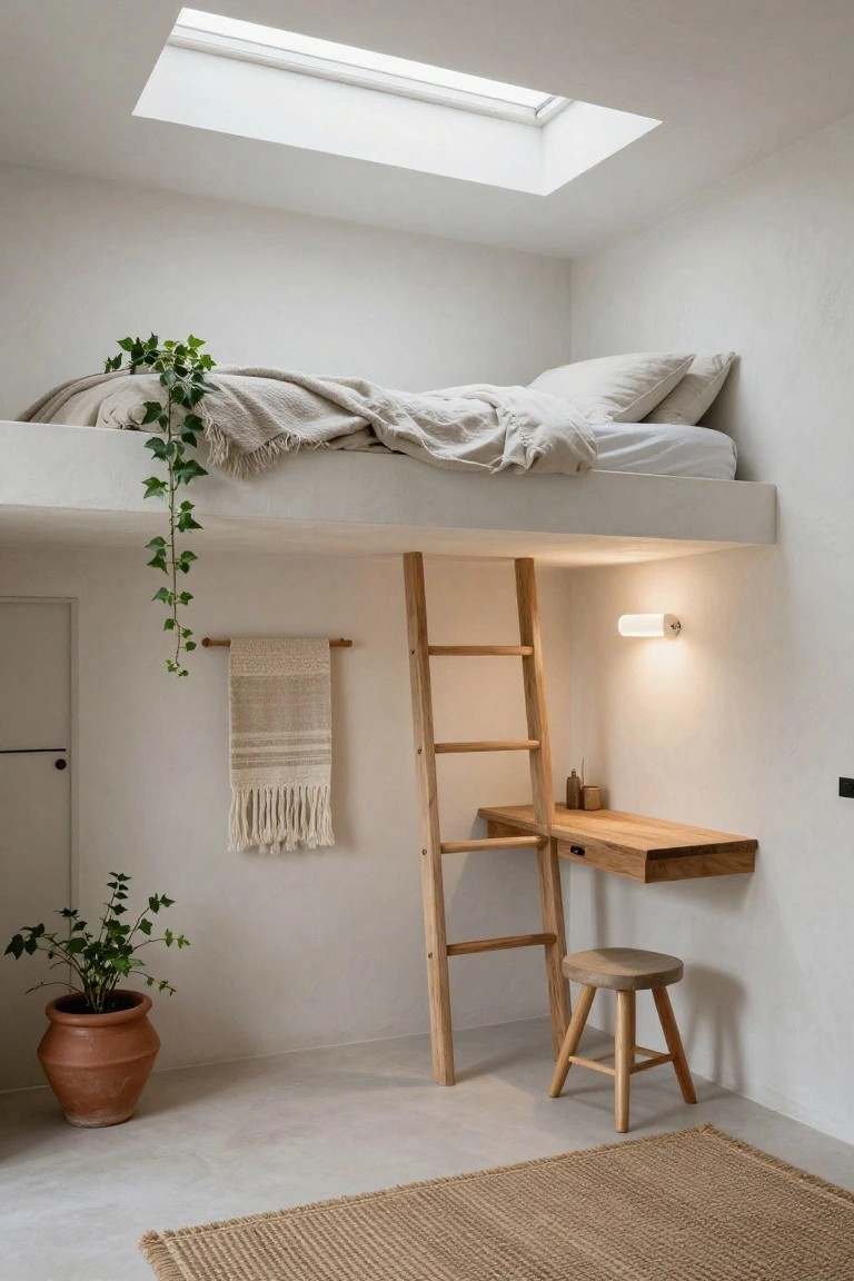 White interior room with lofted bed platform holding white bedding and ivy vine, wooden ladder beside floating wooden desk with stool, potted ivy plant, woven wall hanging, skylight above, and beige rug on floor.