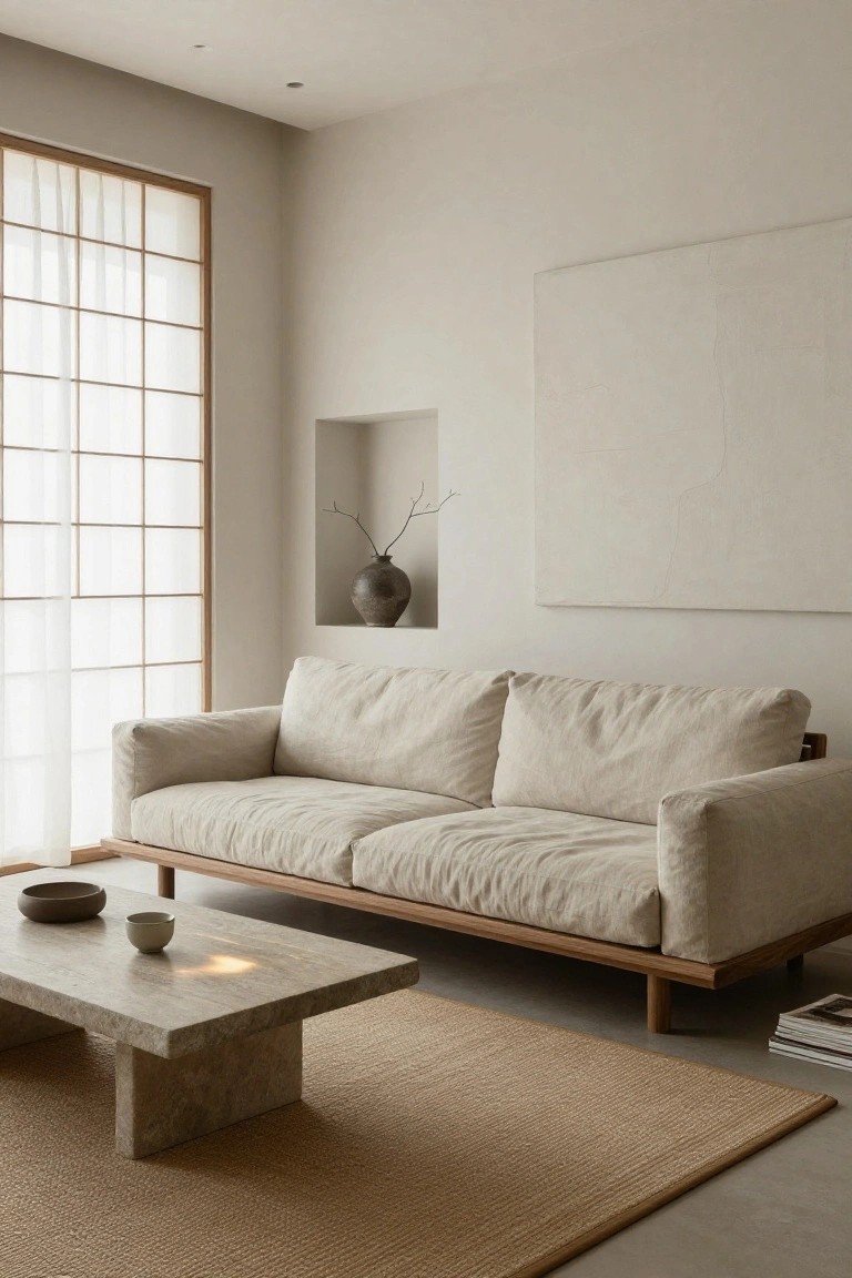 A low-profile beige linen sofa on wooden legs in a neutral living room with shoji-style windows, sheer curtains, a travertine coffee table holding pottery, a wall niche with a vase, abstract art, books, and a seagrass rug on a light floor.