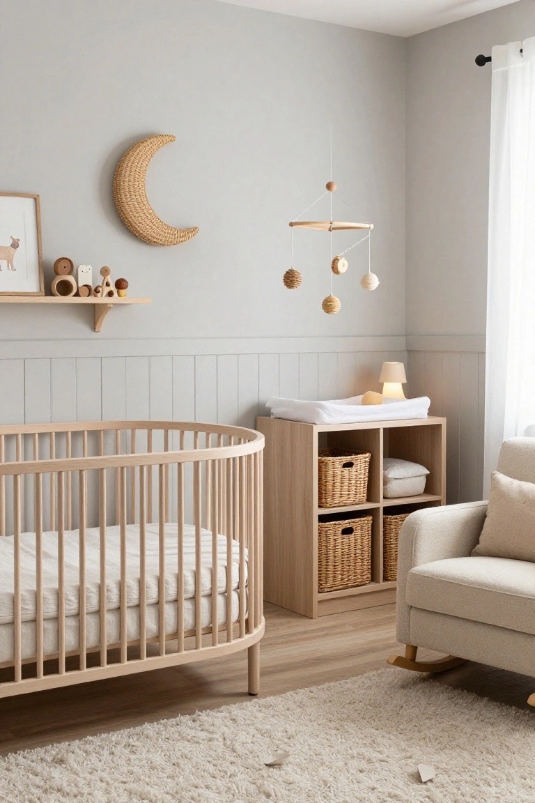 Nursery with round wooden crib, cube shelves, rocking chair, and woven moon decor.