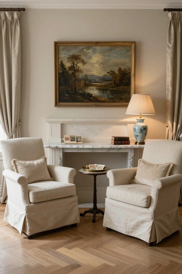 Light beige living room with two cream slipcovered wingback armchairs facing a white marble fireplace mantel, small round table between chairs, landscape painting above mantel, blue and white vase nearby, and herringbone parquet flooring.