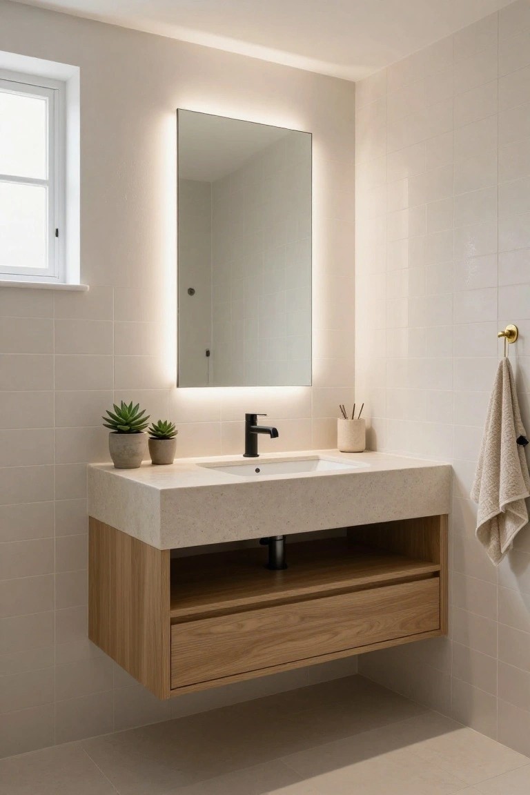 Modern bathroom with floating oak wood vanity and drawer, light stone countertop and sink, black faucet, backlit rectangular mirror, potted succulents, beige towel on gold hook, and white subway tile walls next to a window.