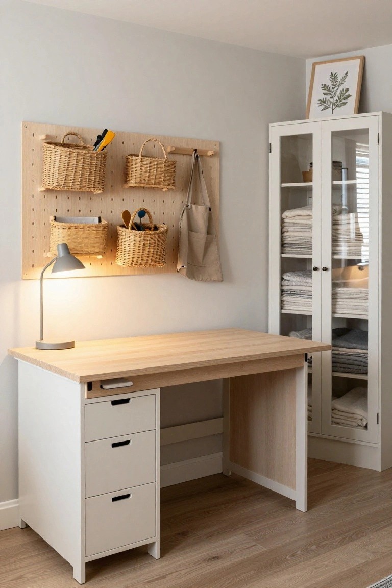 Light wood desk in a neutral room with pegboard wall holding woven baskets of tools and supplies, a gray desk lamp, and white glass-door cabinet with folded linens and towels.