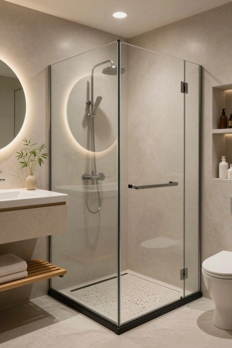 Modern bathroom in light beige tones with frameless glass walk-in shower, round backlit mirror, wall-mounted sink with potted plant, wooden towel shelf, niche shelving, and white toilet.