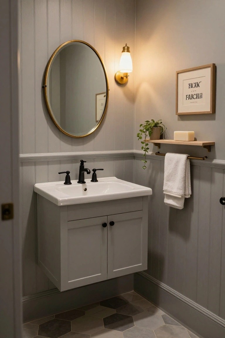 Small bathroom with pale gray wainscoting on lower walls, white floating vanity and black faucet, gold-framed round mirror, wall sconce, wooden shelf with plant and soap, towel bar, and hexagonal floor tiles.