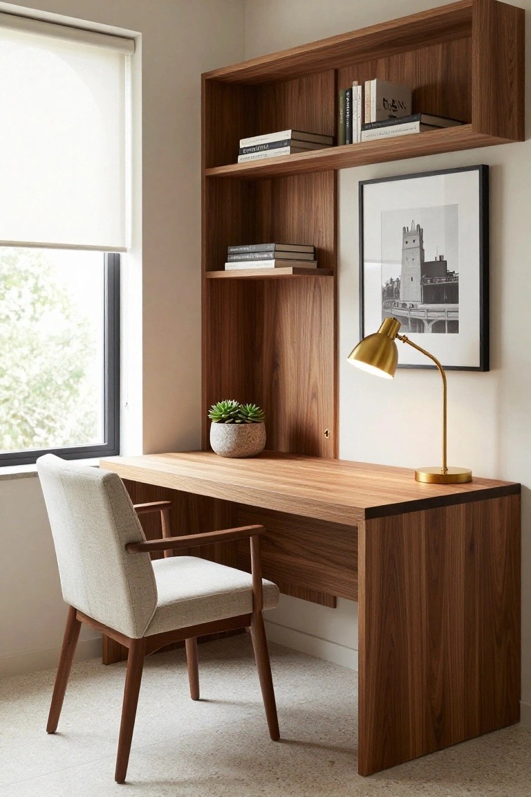 Wooden built-in desk with open shelves above holding books, paired with a cream fabric chair, gold desk lamp, potted succulent, and window with roller shade in a light room.