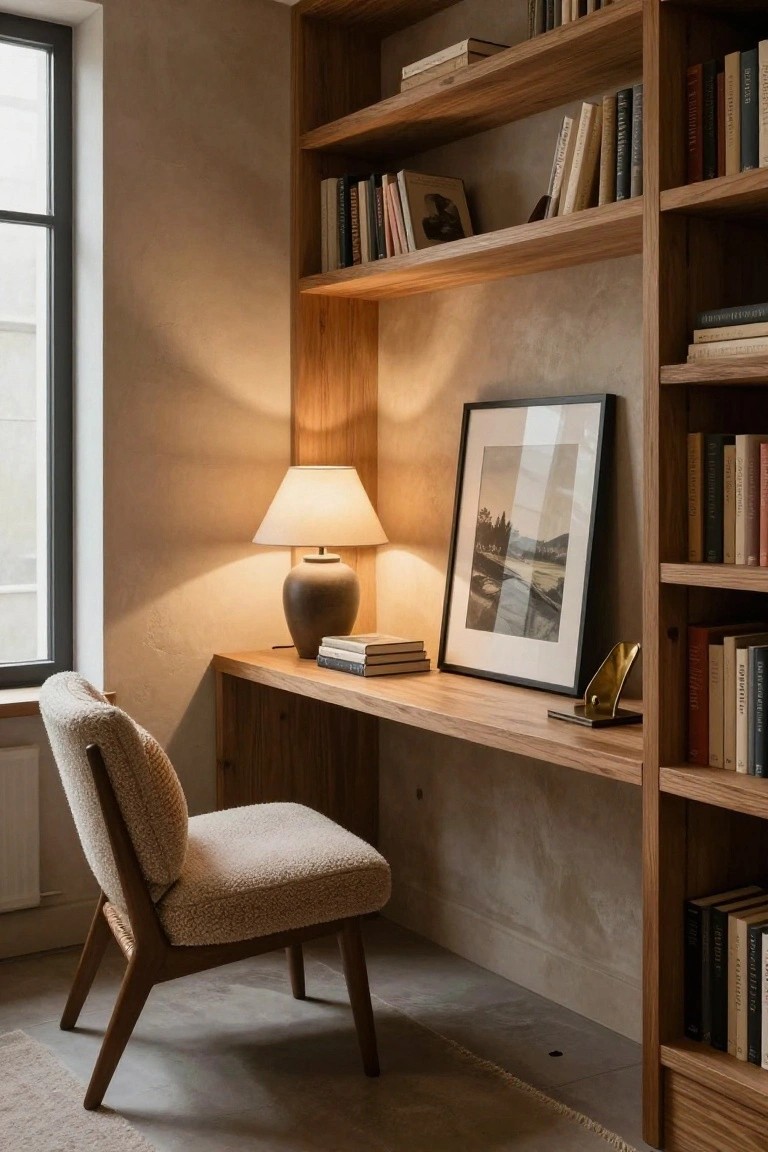 Cozy indoor study nook with extensive built-in oak bookshelves, floating wooden desk topped with books and lamp, bouclé-upholstered chair, and black-framed landscape print beside a window on textured beige walls.