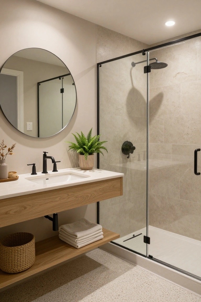 Contemporary bathroom with floating light wood vanity, round mirror, black faucet and shower fixtures, glass enclosure, potted fern, folded towels on shelf, and neutral beige tile walls and pebble floor.