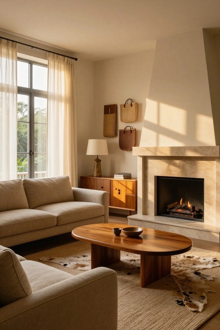 A sunlit living room featuring a beige sofa, oval wooden coffee table with ceramic bowls, wooden credenza with books, stone fireplace with gas logs burning, sheer curtains on large windows overlooking greenery, and rattan baskets on beige walls.