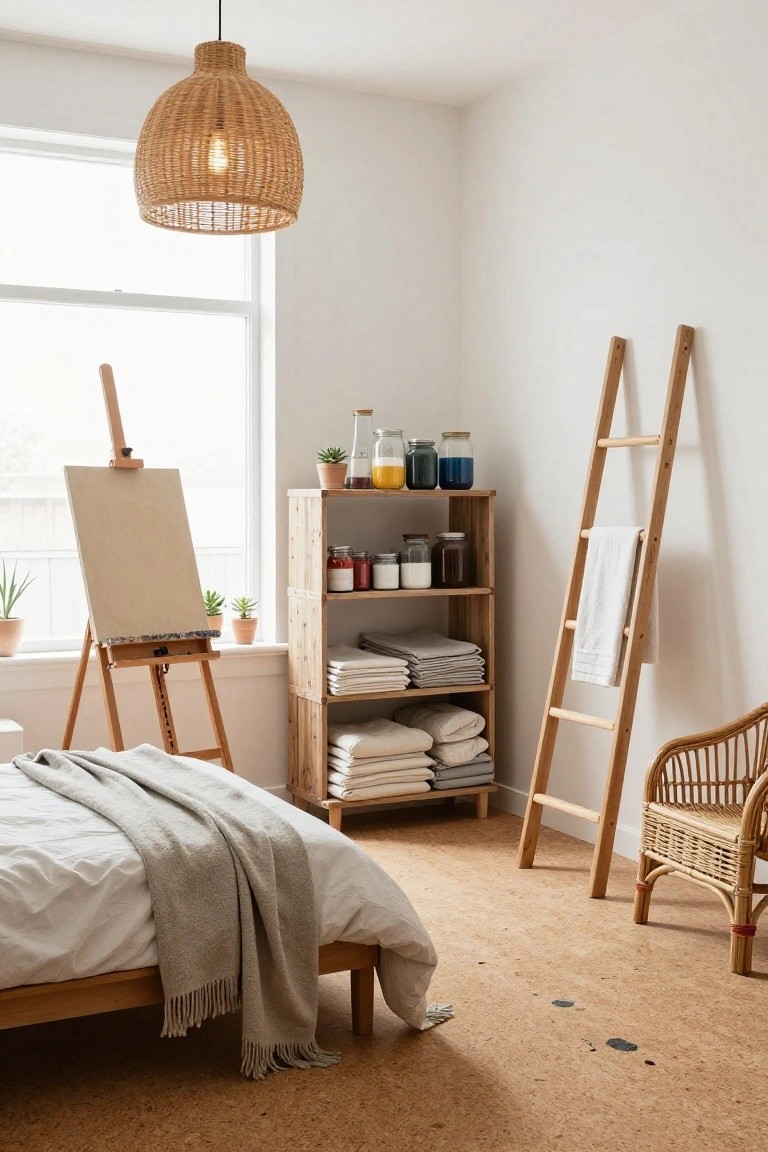 Cozy bedroom corner featuring a low wooden bed with gray throw, blank canvas on easel, wooden shelving unit with jars and folded linens, tall wooden ladder draped with white towels, rattan chair, plants, and light cork flooring under a rattan pendant light.
